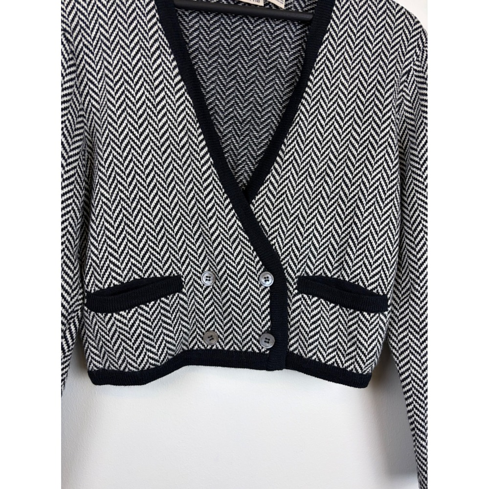 Liz Claiborne Cardigan M Black White Herringbone Cropped Wool Blend Vintage 80s - Picture 2 of 4